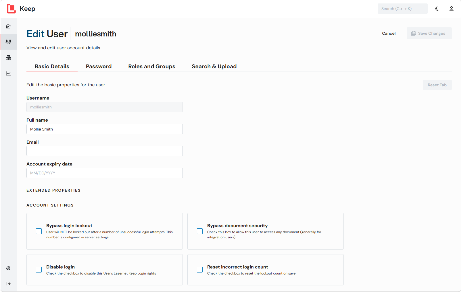 The Edit User page for a Keep user with the content of the Basic Details tab displayed.